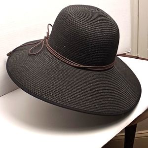 Summer Black Straw Hat with Leather Tie Accent